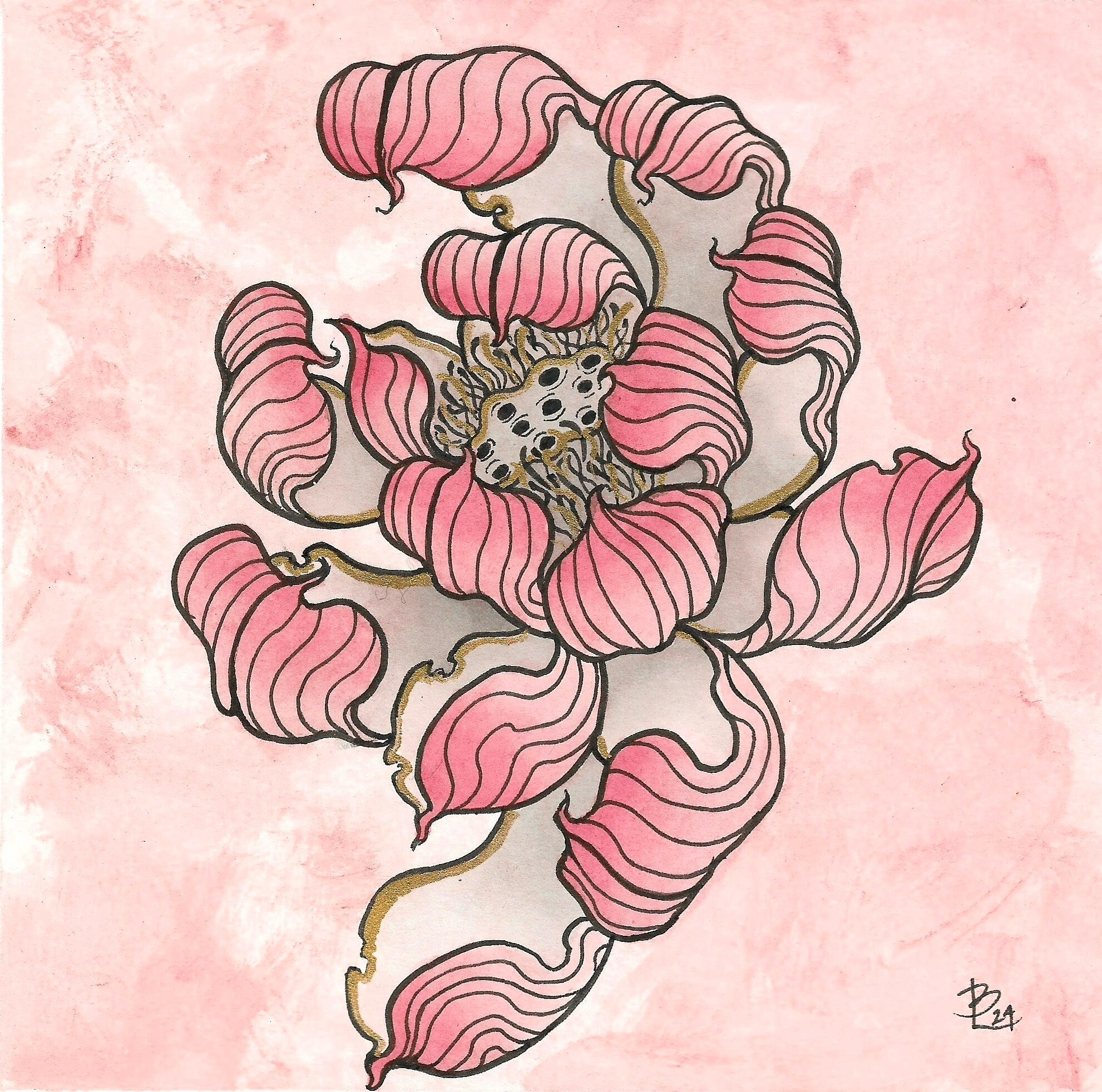 Golden Blush Pink Lotus Lotus flower in blush pink, light greys, and gold acccents in a Japanese tattoo style by Lor Begent