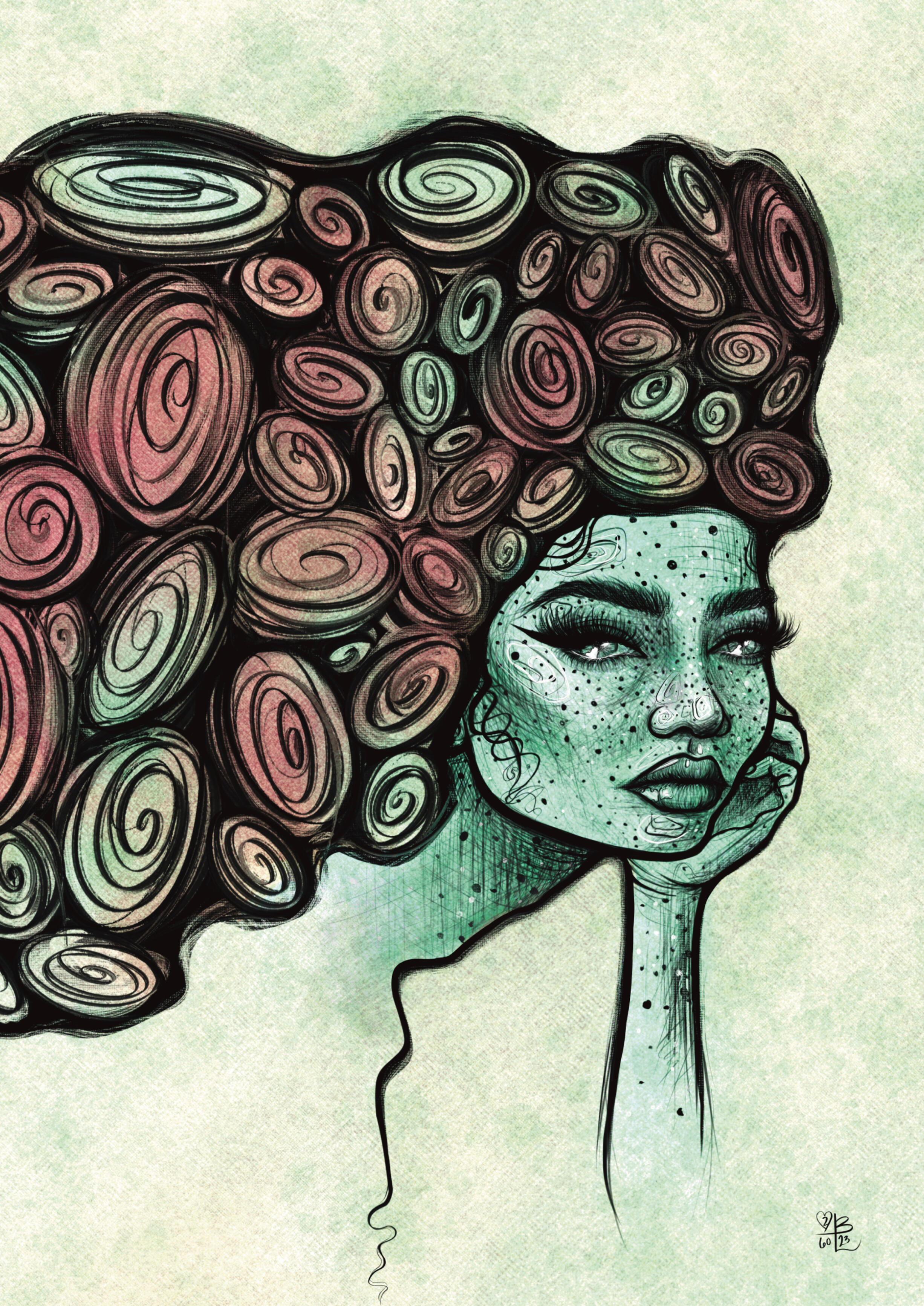 In Bloom Illustrative abstract contemporary portrait by Lor Begent of a woman resting her face in her hand with large hair art featuring floral swirls. The tone is dreamy and surreal.